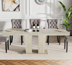 78.74" Rectangular Extendable Dining Room Table for 6 8 10, Modern Faux Travertine Farmhouse Wooden Kitchen Conference Expanding Table with Dual Columns Base, Long Large Expandable, White Oak