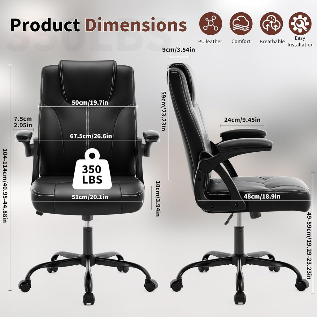 Executive Office Chair, Ergonomic PU Leather Computer Chairs, Executive Breathable Desk Chair with Padded Flip-Up Arms, 360° Swivel Rolling Chair Comfy Padded for Working Studying Gaming (Black)