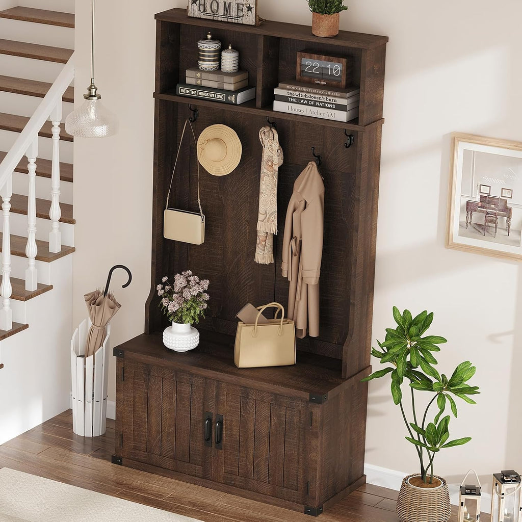 Garvee 77" H Farmhouse Hall Tree with Bench & Shoe Storage, Coat Rack | Mudroom Storage with 5 Tri-Hooks, Enclosed Cabinet, Adjustable Shelf, 2 Top Cubbies, for Entryway, Space Saving, Rustic Brown