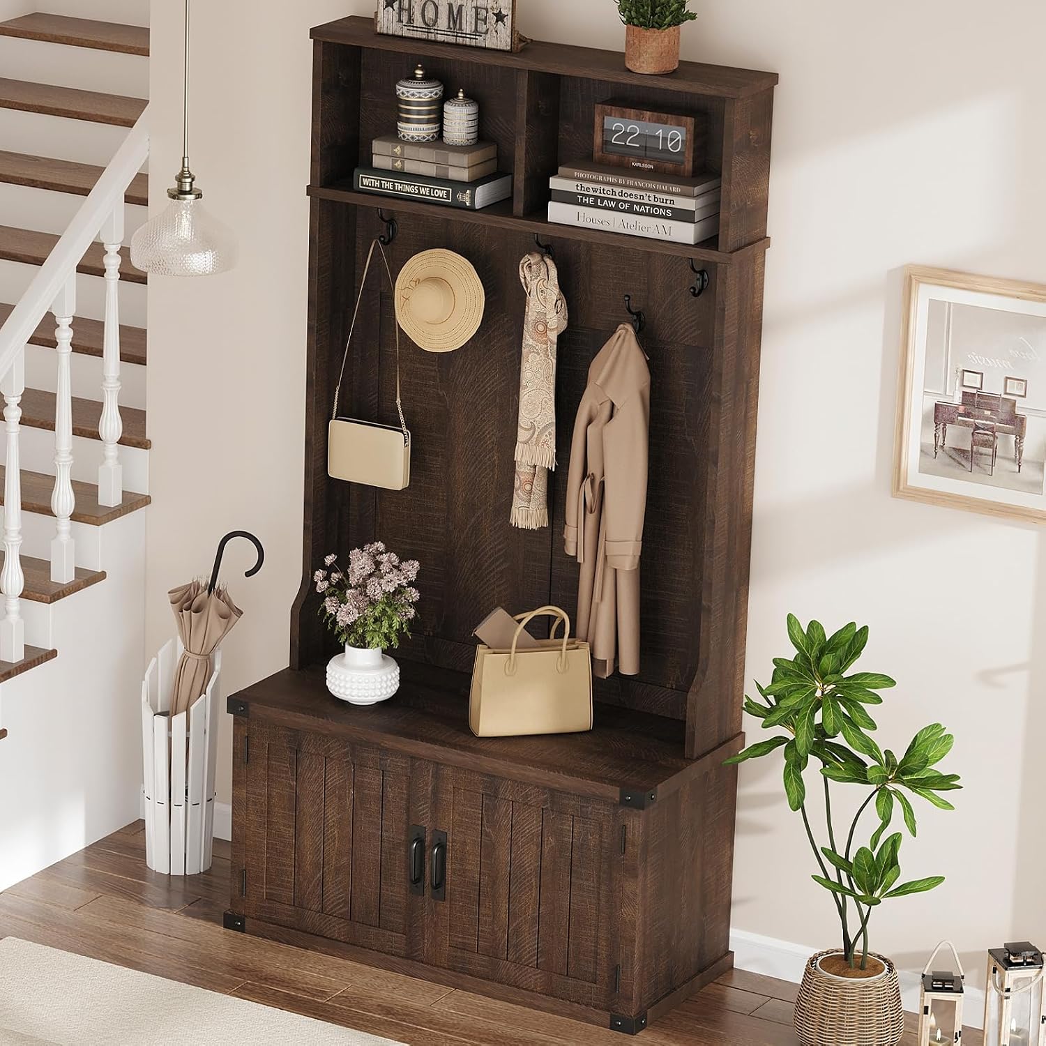 Garvee 77" H Farmhouse Hall Tree with Bench & Shoe Storage, Coat Rack | Mudroom Storage with 5 Tri-Hooks, Enclosed Cabinet, Adjustable Shelf, 2 Top Cubbies, for Entryway, Space Saving, Rustic Brown
