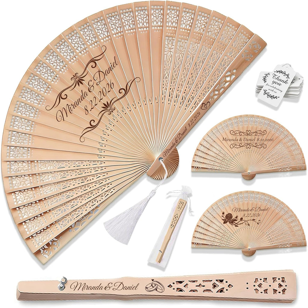 Personalized Wedding Fans for Guests, Custom Wooden Folding Hand Fans Bulk, Engraved Sandalwood Handheld Fans with Organza Bags & Tassels, Party, Bridal & Birthday Shower Favors (30PCS)