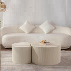 WILLIAMSPACE Beige Round Nesting Coffee Table Set of 2 with Wave Stripe, Modern Wooden Circle Drum Tables Center Table Accent Side Crescent Shape Table for Living Room, No Assembly, 18.9" + 14.96"