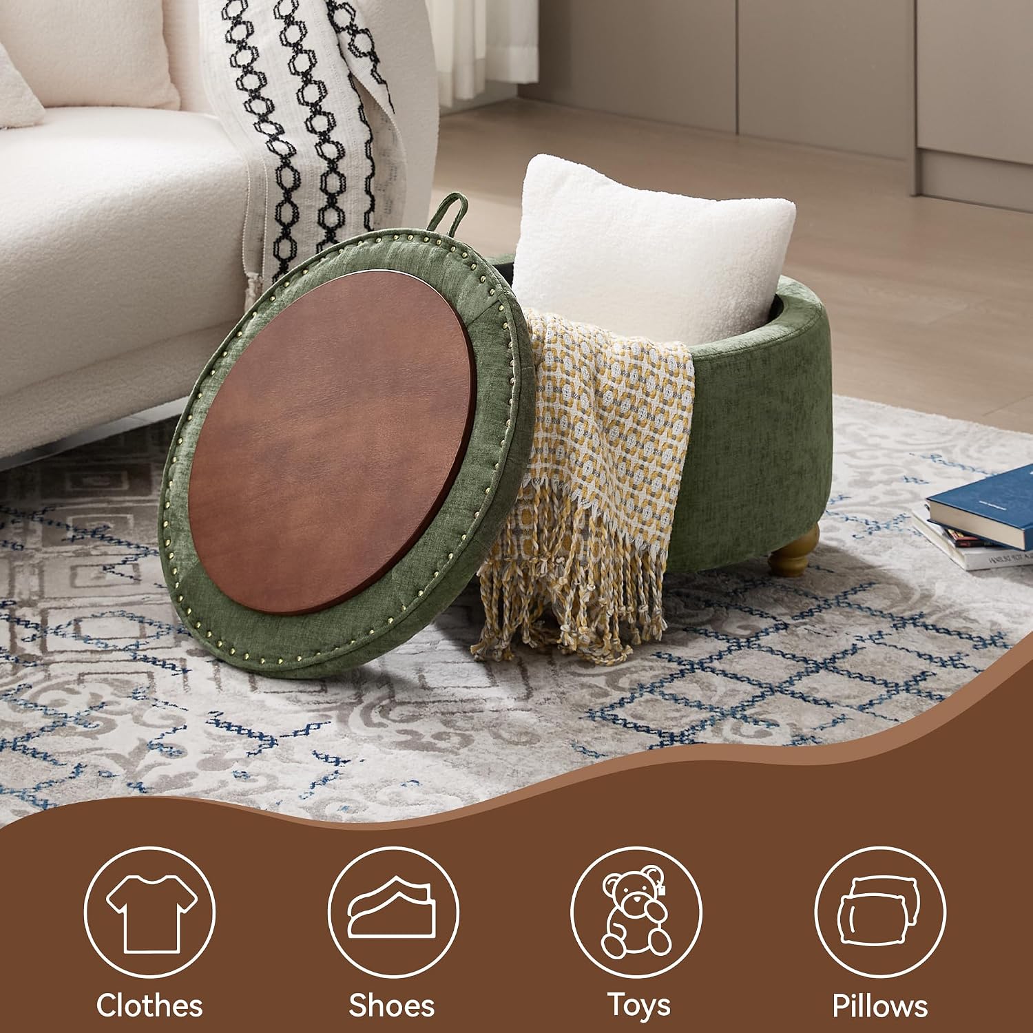 WUTUTUEE 24Inch Round Storage Ottoman with Tray, Modern Tufted Circle Coffee Table with Storage, Upholstered Ottoman with Removable Top for Living Room, Bedroom, Chenille Green