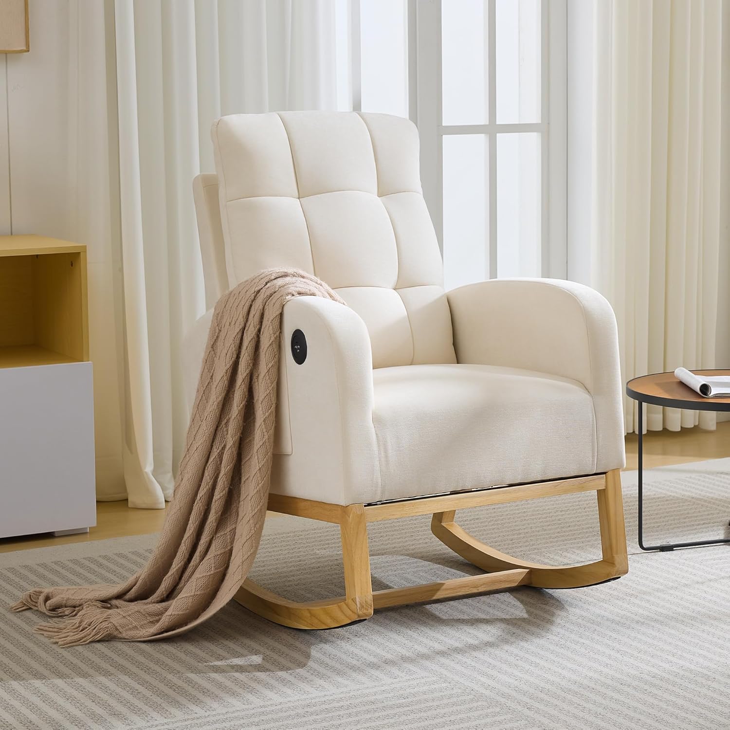 IDEALHOUSE Nursery Rocking Recliner Chair with USB Ports, Upholstered Glider Chair Featuring High Back, Side Pocket & Sturdy Wood Legs for Bedroom, Living Room, or Nursing Room – Linen Beige