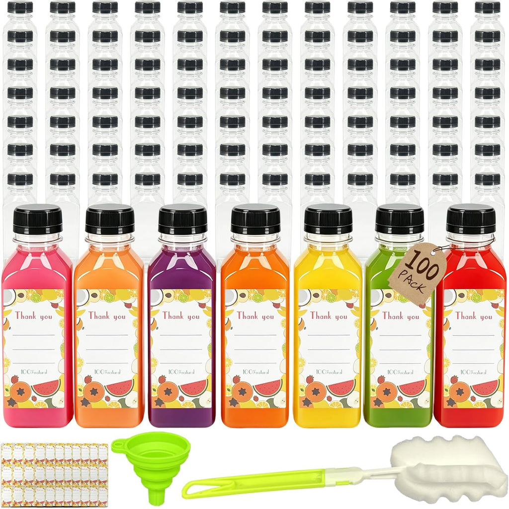 100pcs 16oz Plastic Juice Bottles with Caps, Reusable Juice Containers with Lids for Juice, Milk, Smoothies and Other Beverages