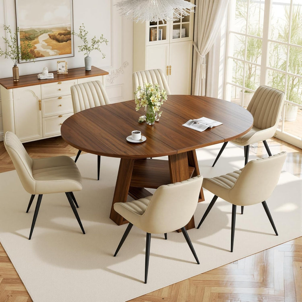 Extendable Round Dining Table Set for 4-6, 5-Piece Oval Kitchen Table with Hidden Storage, Wooden Dining Table Set with Upholstered Chairs for Small Spaces, Apartment (Walnut Table, 4 Beige Chairs)