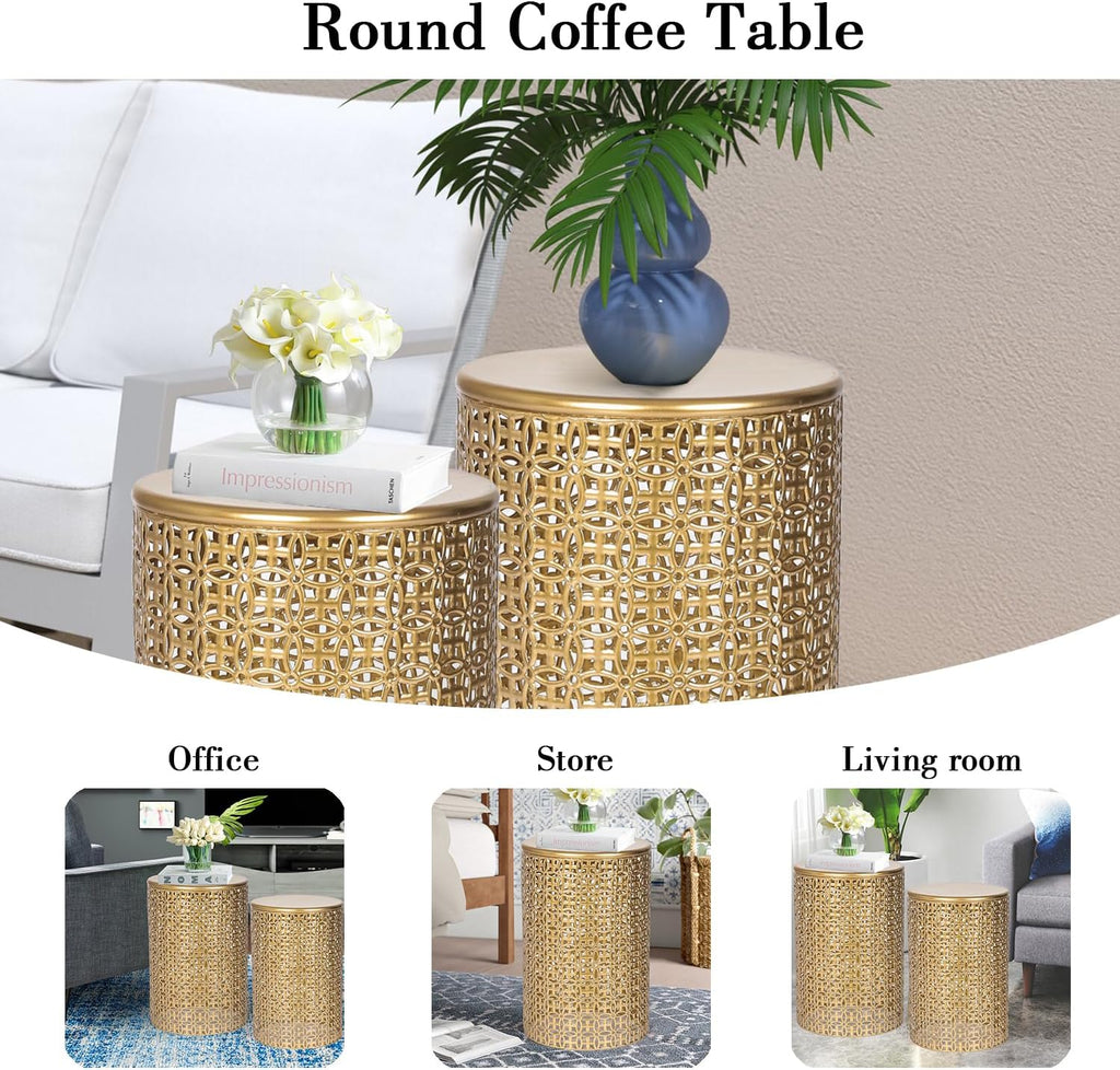 Homebeez Modern Nesting Tables Set of 2, Round Metal End Table, Accent Side Tables for Living Room & Bedroom, No Assembly Nightstands, Gold