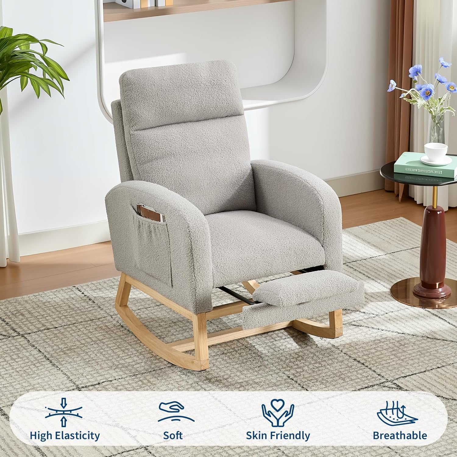 Modern Nursery Rocking Chair with Footrest,Teddy Upholstered Rocking Chair Comfortable Rocker Recliner with Side Pocket,Rocker Glider for Nursery,Grey