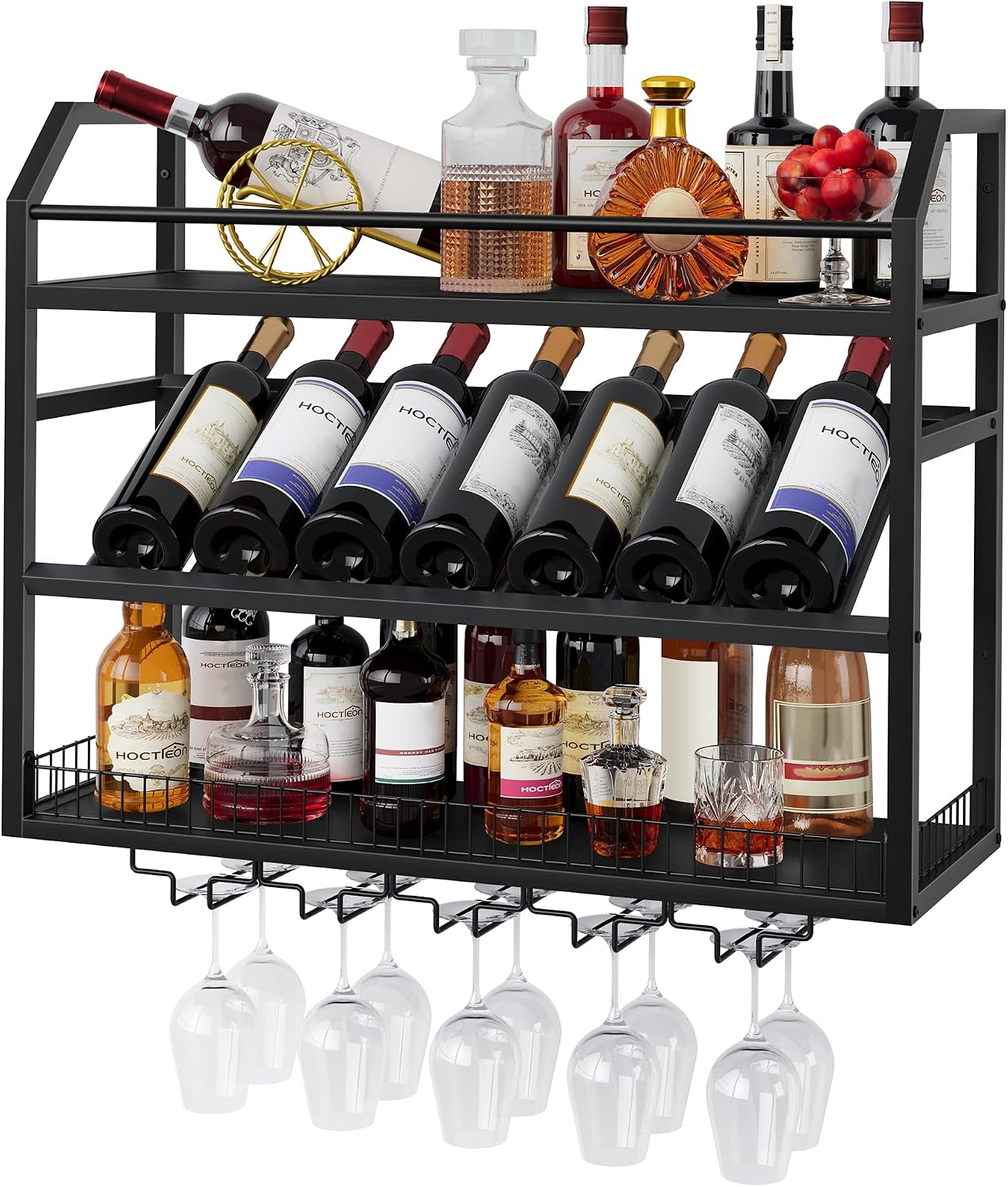 Hoctieon Wall Mount Wine Rack, Wall Mounted Wine Bottle Rack for Display and Storage, Hanging Bottle Holder, for Living Room, Dining Room, Bar, Wine Cellar, Black