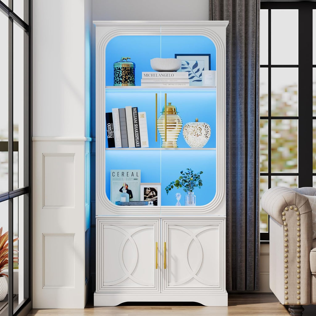 69" Tall Display Cabinet with Glass Doors, LED Wooden Bookcase | 5 Tier Curio Cabinet, 3 Colors LED Lights, Human Body Sensor, Glass Display Case with Storage Cabinet for Living Room, White