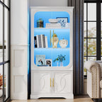 69" Tall Display Cabinet with Glass Doors, LED Wooden Bookcase | 5 Tier Curio Cabinet, 3 Colors LED Lights, Human Body Sensor, Glass Display Case with Storage Cabinet for Living Room, White
