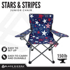 Black Sierra Kids Patriotic Camping Chair, Folding USA Flag Seat for Children, Supports 150 lbs, Portable Outdoor Chair with Carry Bag and Cupholder for Ages 3–10 for Beach, Sports, Travel, Backyard