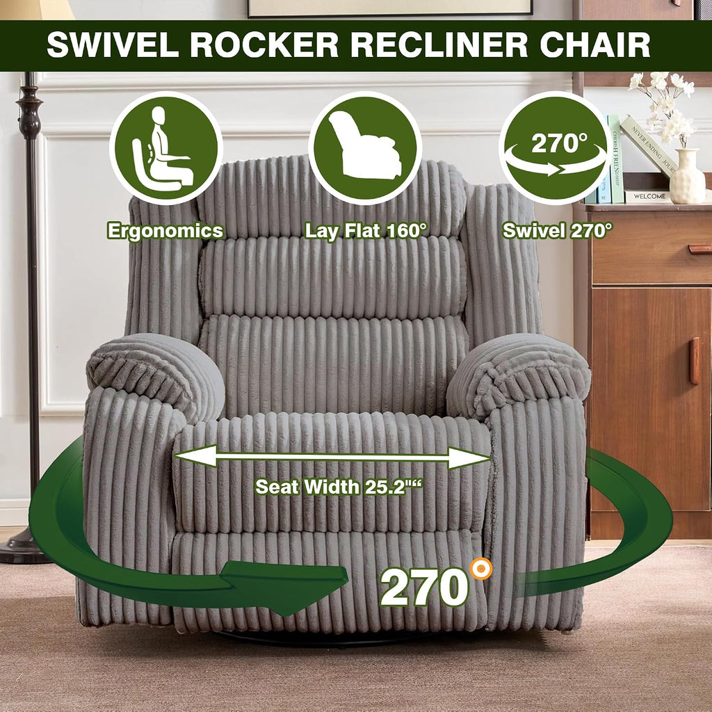 Oversized Power Swivel Rocker Recliner for Living Room, Extra Wide Nursery Rocking Chair with Vibration Massage and Heat, USB & Type-C Charging Port and Cup Holder for Adults, Grey