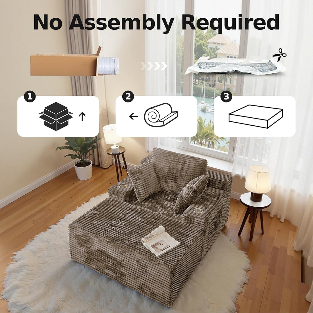 66" Chaise Lounge Chair Indoor,Oversized Boneless Single Sleeeper Couch Bed,Corduroy Cloud Sofa with 3 Soft Pillows for Livingroom,Bedroom,No Assembly,(Khaki)