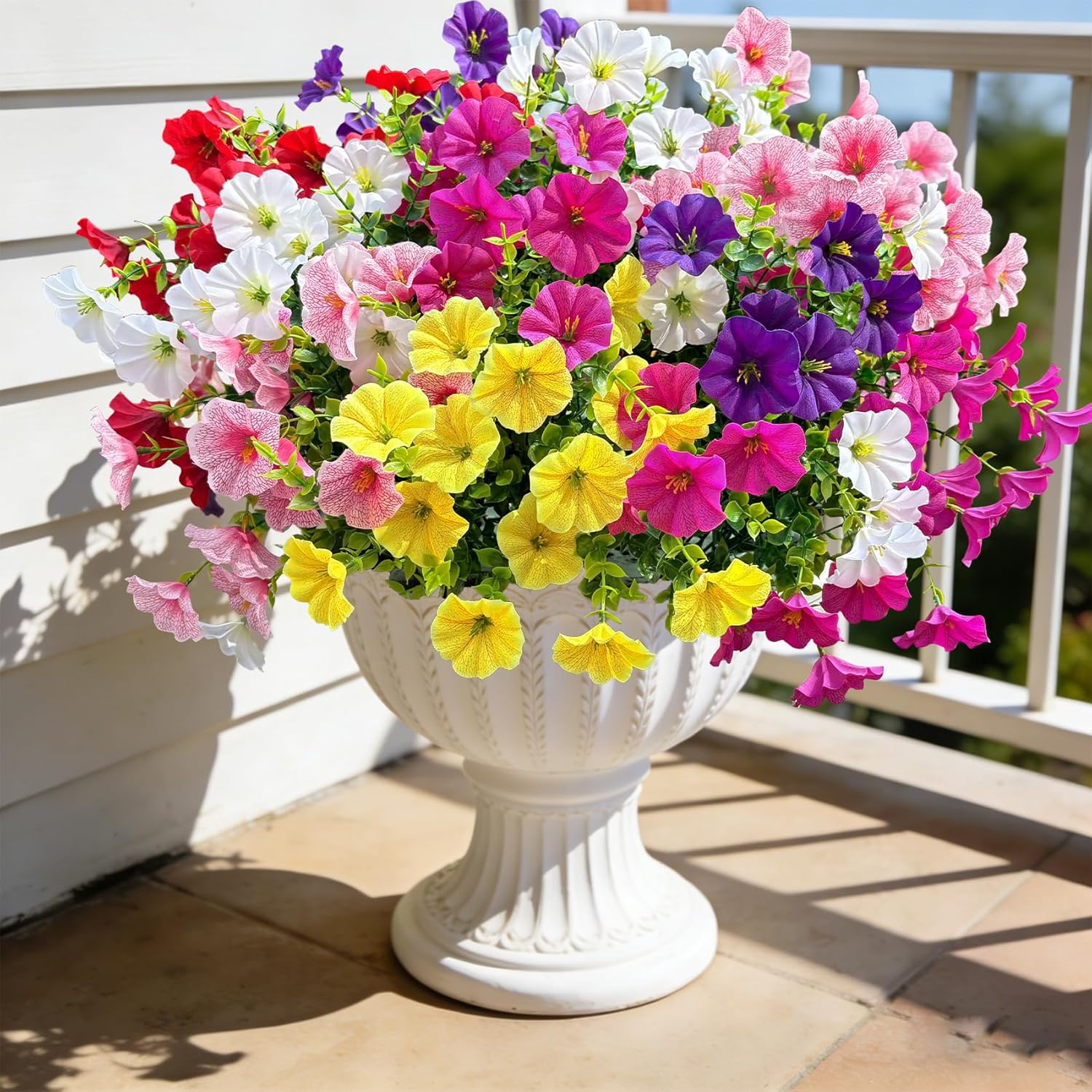 Ouddy Decor 24 Bundles Artificial Flowers for Outdoors, Fake Petunias Flowers Silk Morning Glory with Eucalyptus Faux Plants for Indoor Outside Spring Summer Yard Garden Porch Home Decor, Multicolor