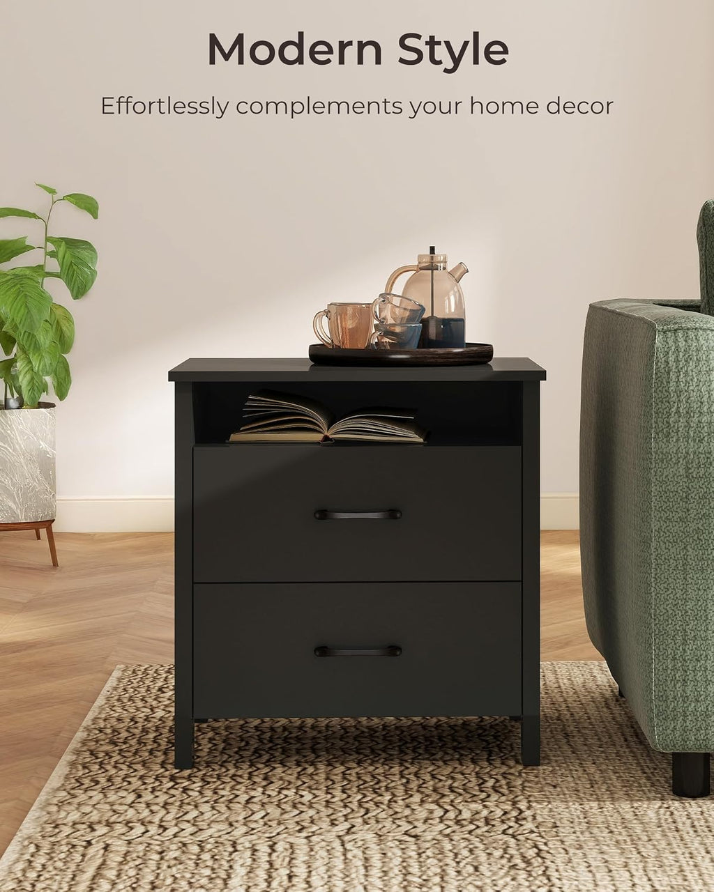 Nightstand Set of 2, Rustic Bedside Table with 2 Storage Drawers | Farmhouse Nightstand Set of 2, Wood End Table with Open Shelf, Side Table for Bedroom, Black