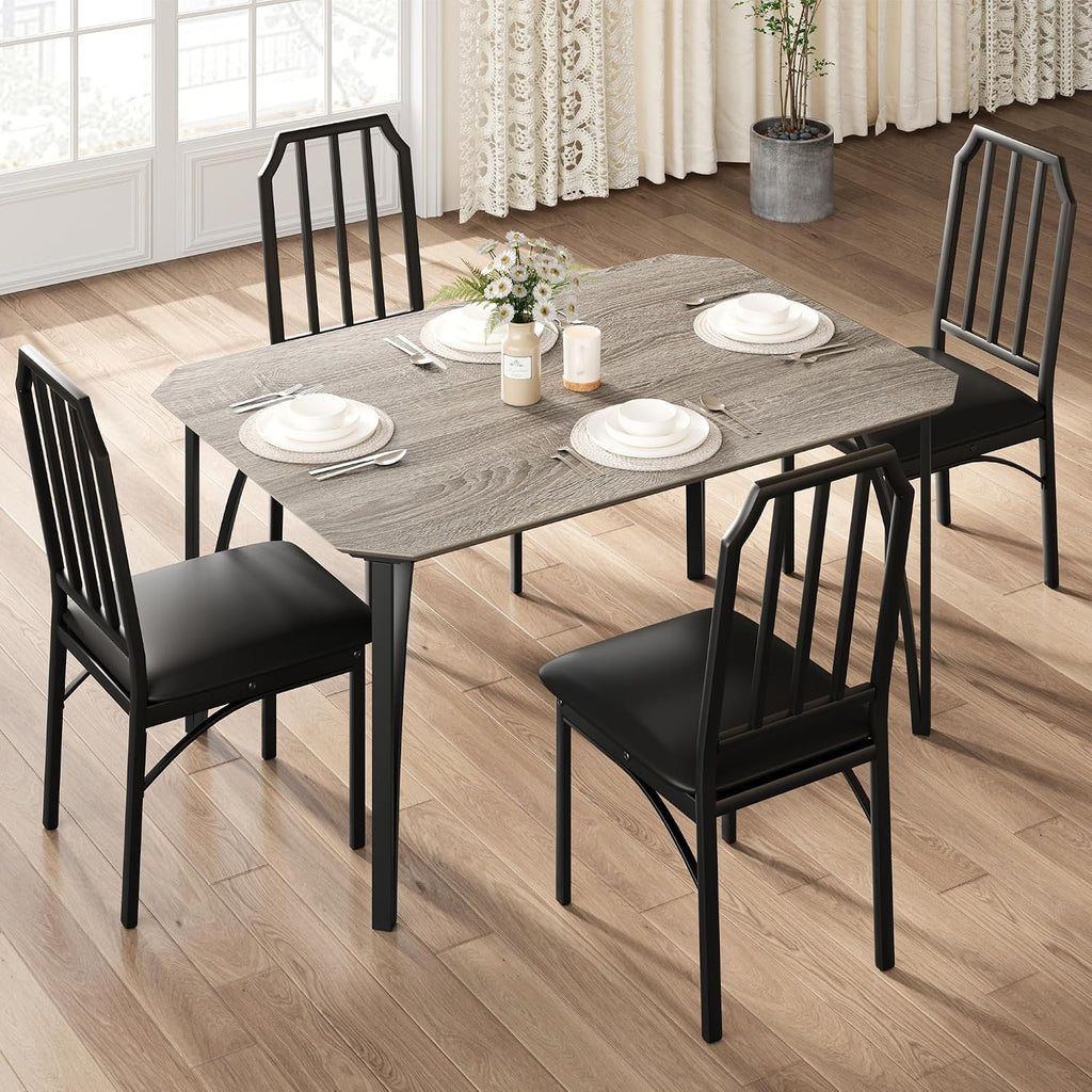 GAOMON 5-Piece Dining Table Set for 4, Modern Kitchen Table with Chamfered Design and Upholstered Chairs, Leather-Cushioned Seats for Small Spaces and Apartments, Space-Saving (Gray/Black,5 Pack)