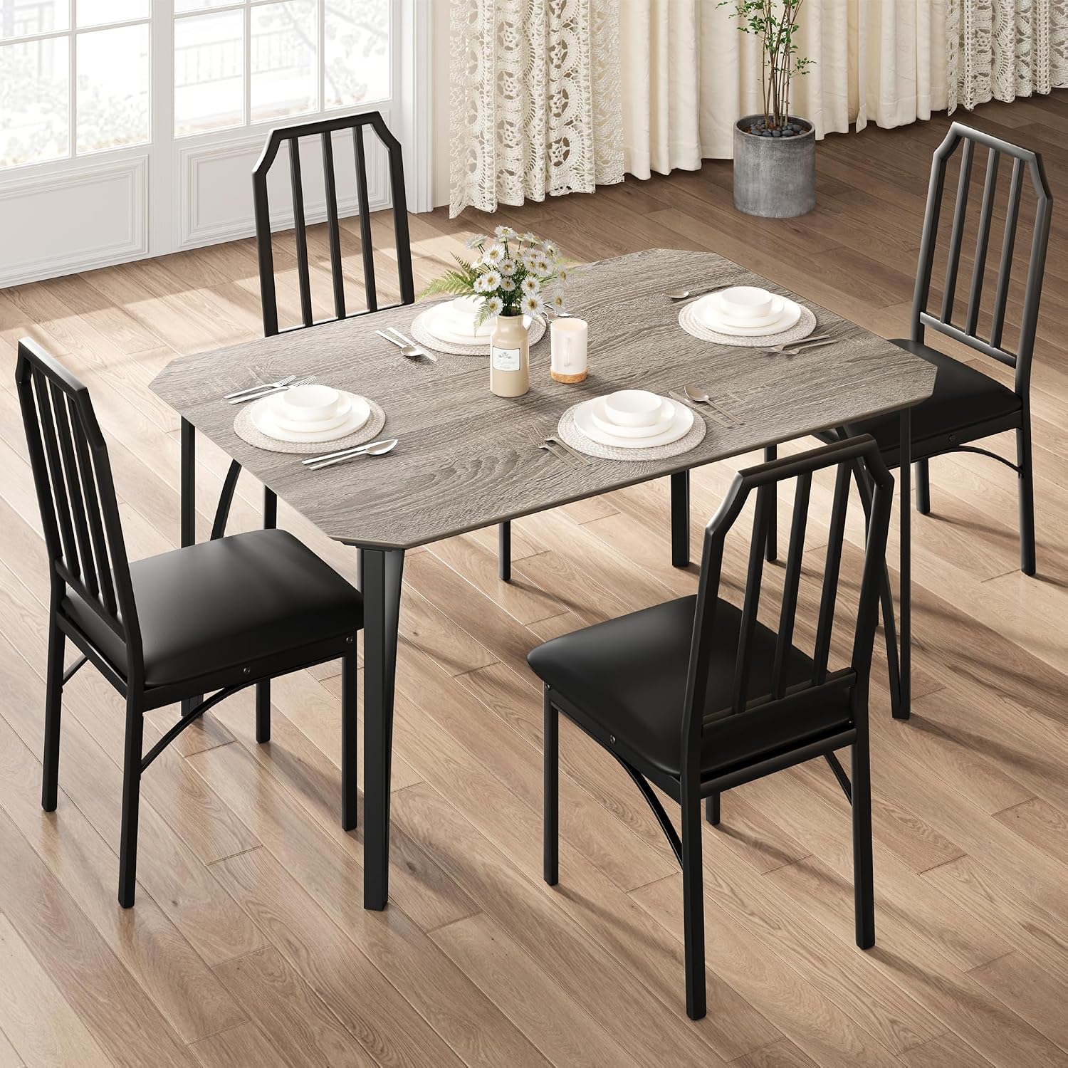 GAOMON 5-Piece Dining Table Set for 4, Modern Kitchen Table with Chamfered Design and Upholstered Chairs, Leather-Cushioned Seats for Small Spaces and Apartments, Space-Saving (Gray/Black,5 Pack)