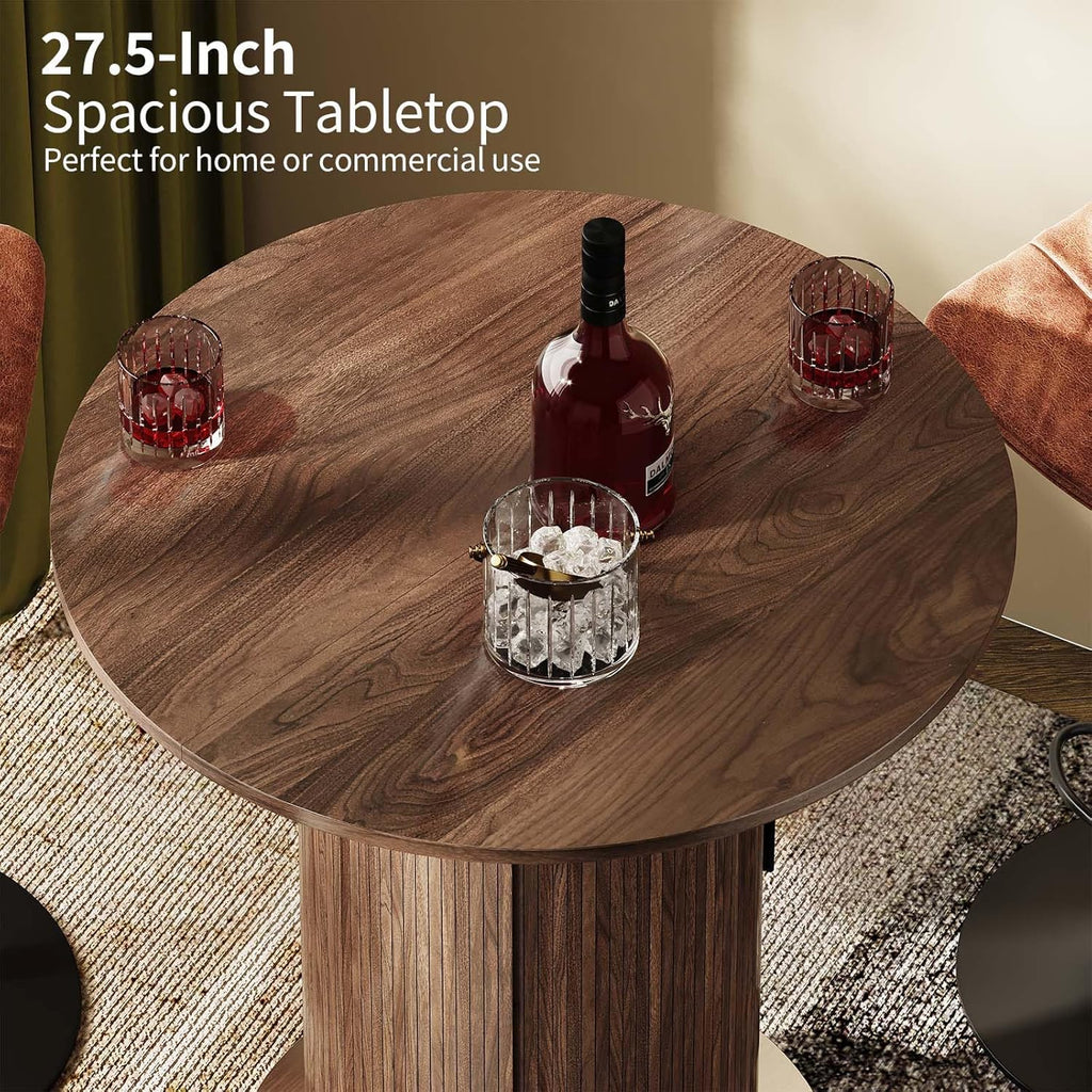 Round Bar Table with 2-Tier Hidden Storage, 38.1" H Wood High Top Table, Bistro Pub Table with Footrest, Cocktail Tables for Coffee Bar, Kitchen Dining Room, Small Space (Walnut)