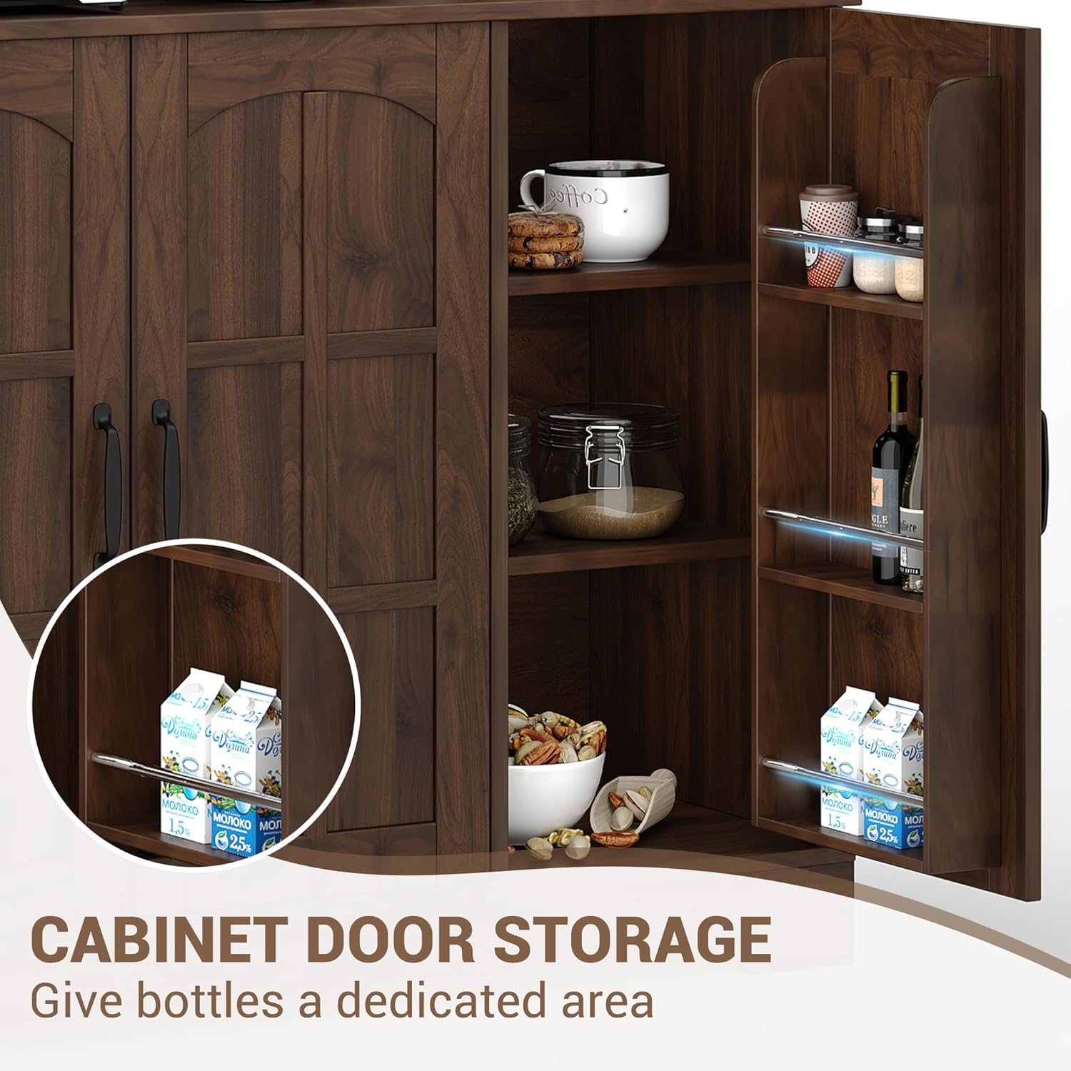 70.9" Tall Kitchen Pantry Cabinet with Glass Doors and Hutch, Freestanding Storage Cupboard with 5 Cabinets, Open Shelves & Inner Door Spice Racks, Multi-Purpose Organizer for Dining Room, Kitchen