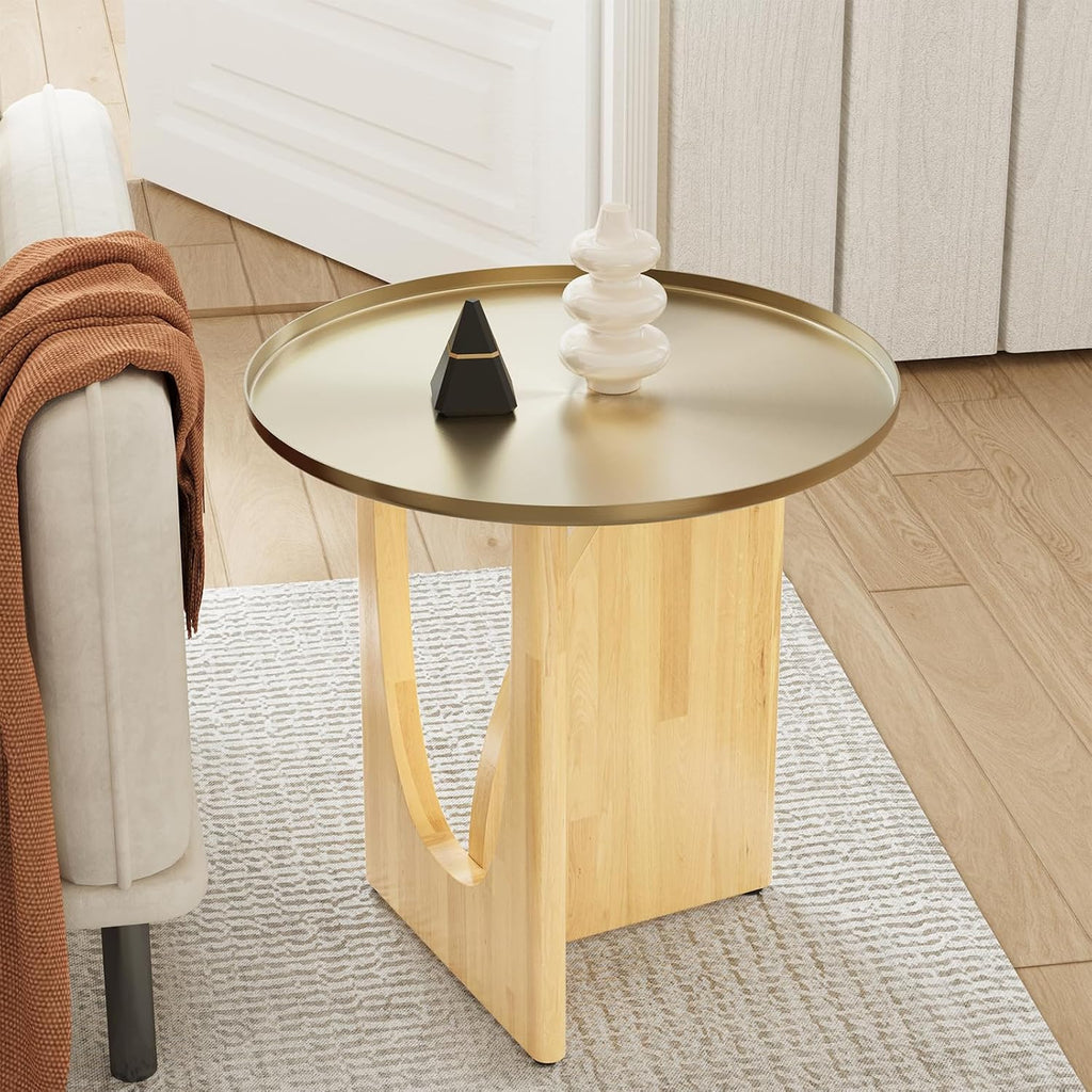 Farmhouse Rubberwood End Table, Beige Rustic End Table with Stainless Steel Tabletop, Round Side Table for Living Room, Bedroom, Lounge