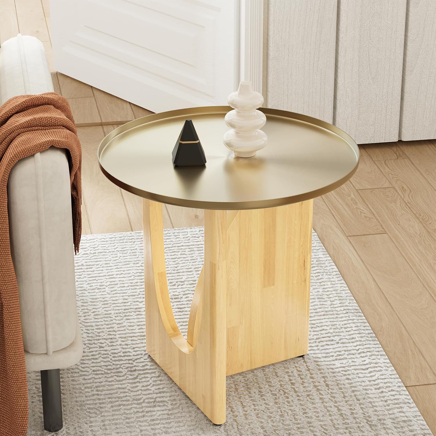 Farmhouse Rubberwood End Table, Beige Rustic End Table with Stainless Steel Tabletop, Round Side Table for Living Room, Bedroom, Lounge