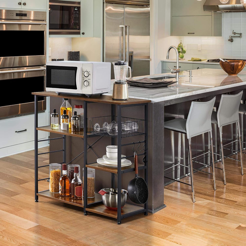 Yaheetech Kitchen Island, 3-Tier Industrial Microwave Stand Cart Shelf, Freestanding Utility Storage Rack for Spice Rack Organizer w/6 S-Shaped Hooks, Easy Assembly, Rustic Brown