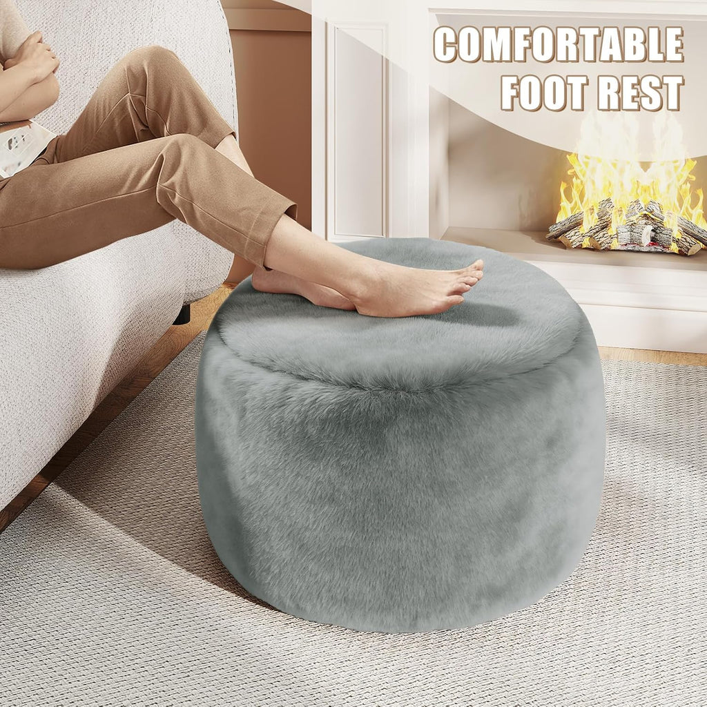 Round Stuffed Pouf Ottoman Foot Rest, Faux Fur Poufs with Memory Foam Filling, Ottomans for Living Room, Nursery, Dorm, Soft Foot Stool Ottoman for Couch, Perfect for Resting Your Feet (Grey, 20 Inch)