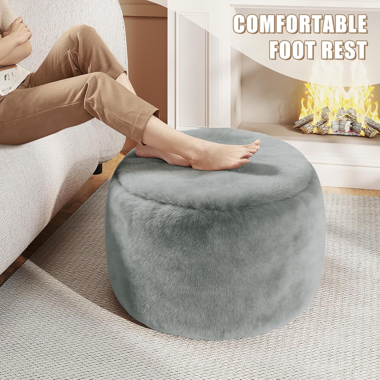Round Stuffed Pouf Ottoman Foot Rest, Faux Fur Poufs with Memory Foam Filling, Ottomans for Living Room, Nursery, Dorm, Soft Foot Stool Ottoman for Couch, Perfect for Resting Your Feet (Grey, 20 Inch)