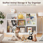 ONBRILL Toy Storage Organizer with Bookshelf & Stuffed Animal Storage, Kids Montessori Low Cabinet with 4 Open Cubbies for Kids Room Playroom Nursery Bedroom Living Room (White)