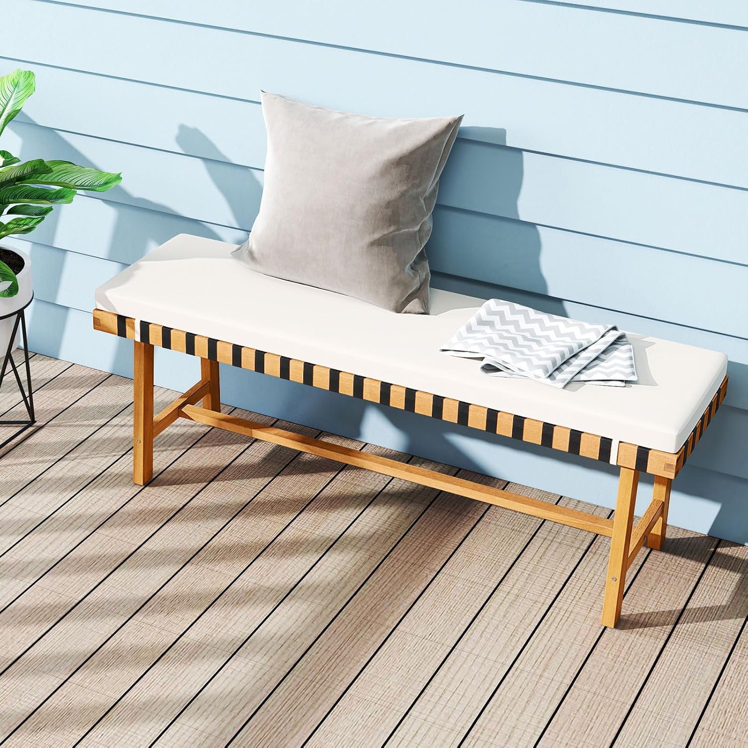 Tangkula Acacia Wood Outdoor Bench with Padded Cushion, 48" Long Dining Bench with Washable Zippered Cover, Backless Wooden Entryway Bench, Garden Poolside Porch Balcony Deck Indoor Furniture (1)
