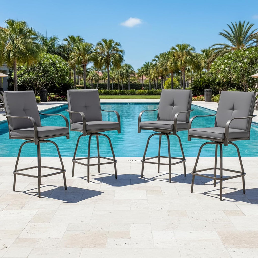 Outdoor Swivel Bar Stools Set of 4, Patio Bar Height Swivel Stools with Cushions for Garden Balcony Backyard, Grey