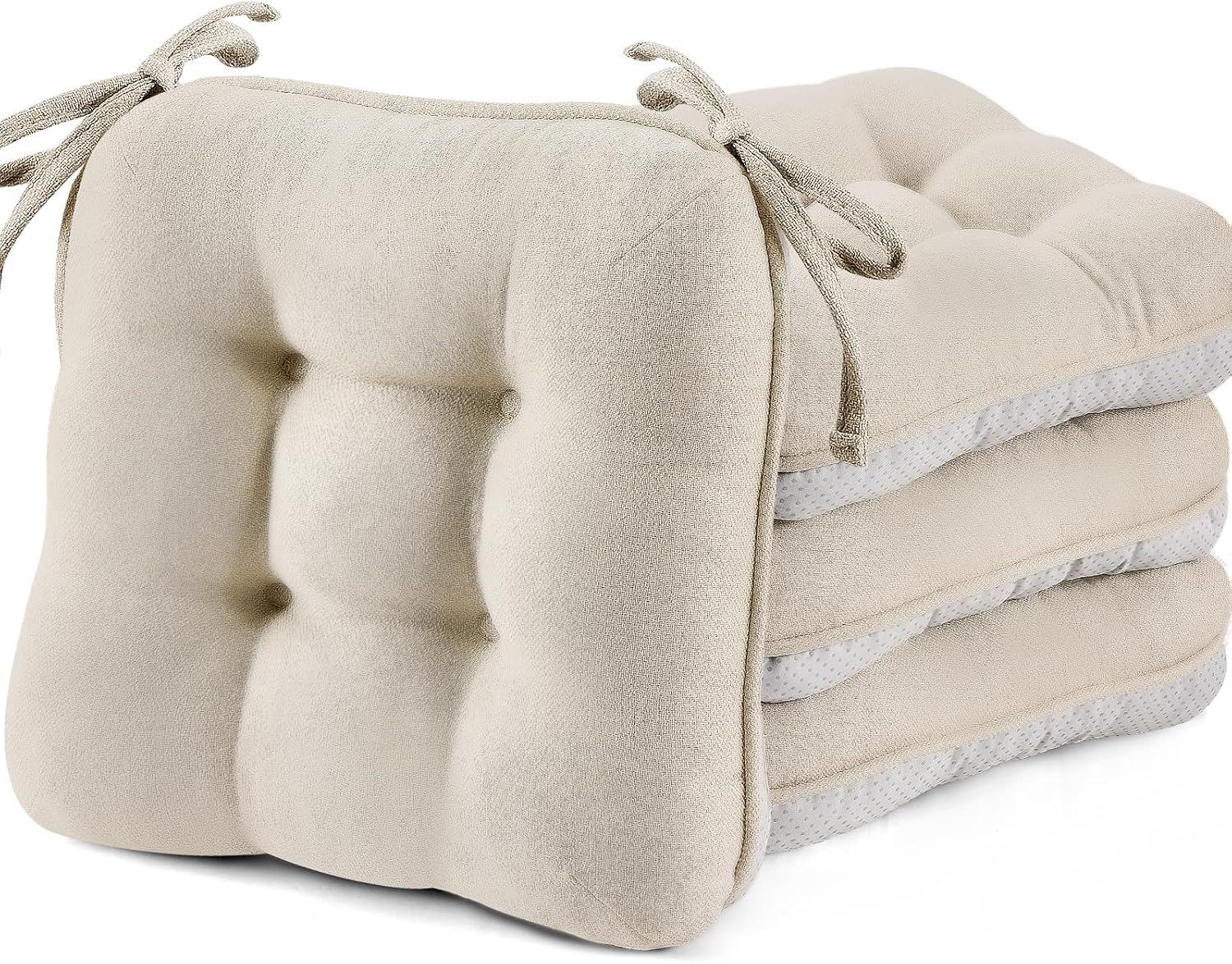 BETU Chair Cushions for Dining Chairs Set of 4,3.5" Thick Kitchen Table Chair Pads with Ties,Non Slip Backing and Covers, Seat Cushion for Dining Room,Bar,Patio Chairs,15.5"X15.5"X3.5",Beige
