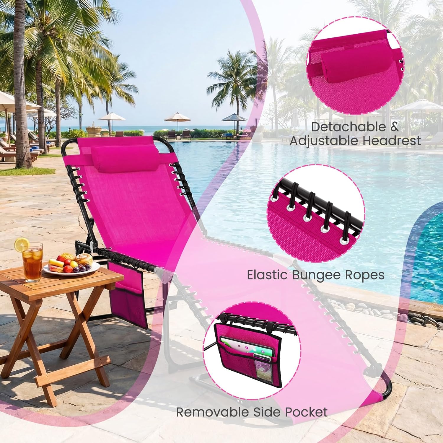 GYMAX Lounge Chairs for Outside, Extra High Folding Beach Tanning Lounger with 4-Level Adjustable Backrest, 2-Level Footrest & Removable Pillow, Sunbathing Lounge for Patio, Lawn, Poolside (1, Pink)