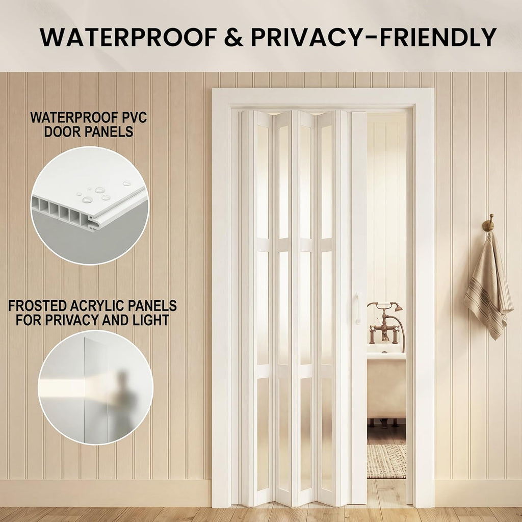 SmartStandard 30" x 80" Accordion Doors Interior, Double-Layer Accordion Doors for Doorway Closet Bathroom, PVC Folding Door Interior with Frosted Acrylic Glass, Full-Side Magnetic Strip, White