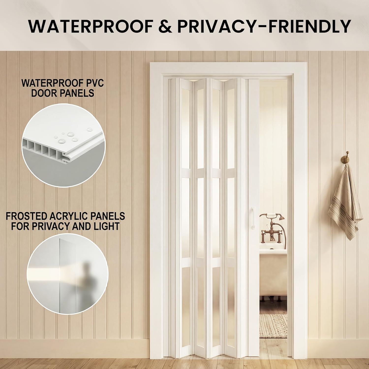 SmartStandard 30" x 80" Accordion Doors Interior, Double-Layer Accordion Doors for Doorway Closet Bathroom, PVC Folding Door Interior with Frosted Acrylic Glass, Full-Side Magnetic Strip, White