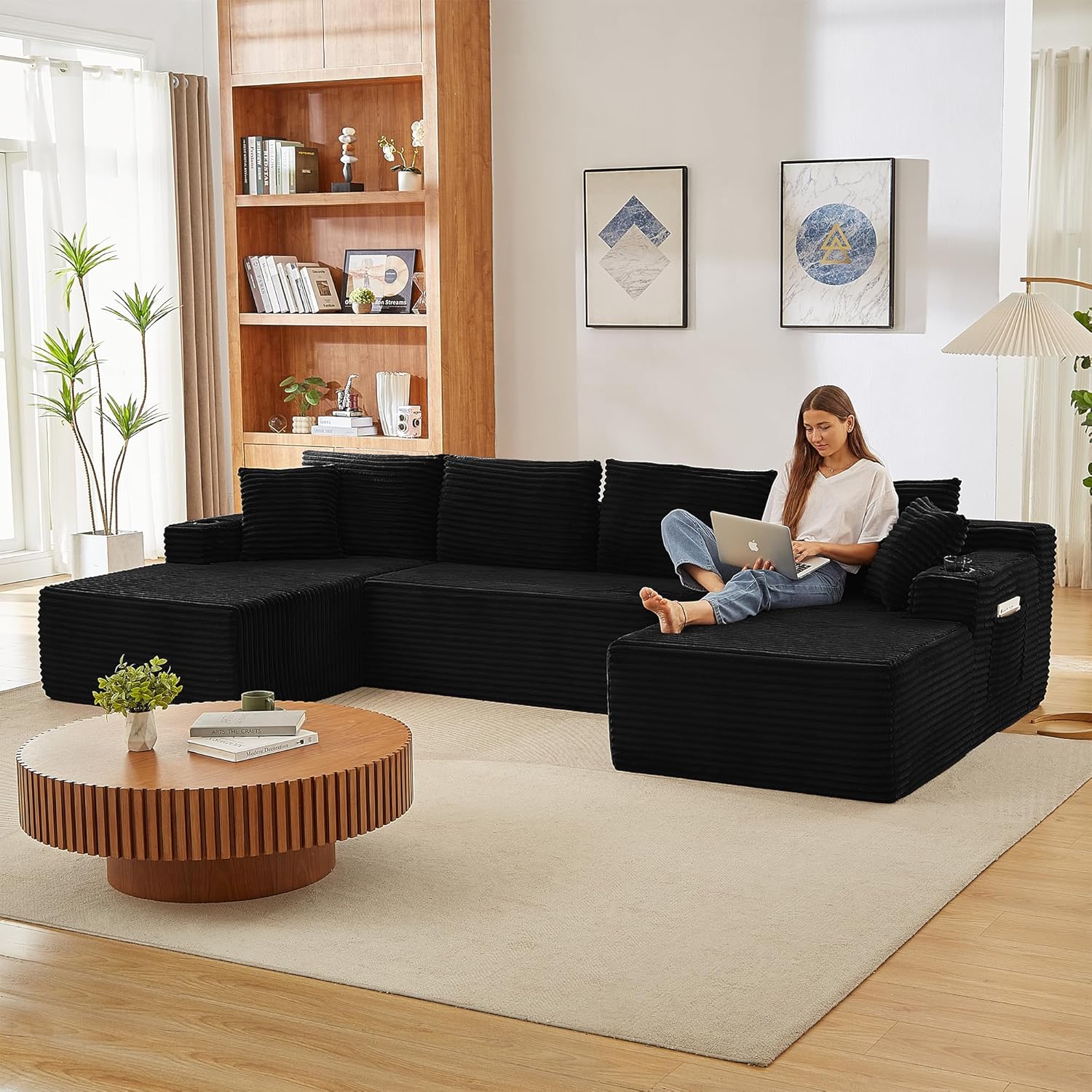 Tmsan 133.5" Black Boneless Sectional Sofa Couches for Living Room, Oversized U Shaped Cloud Modular Set with Cup Holders & Side Pockets & Deep Seat, Comfy Corduroy Foam Compressed No Assembly