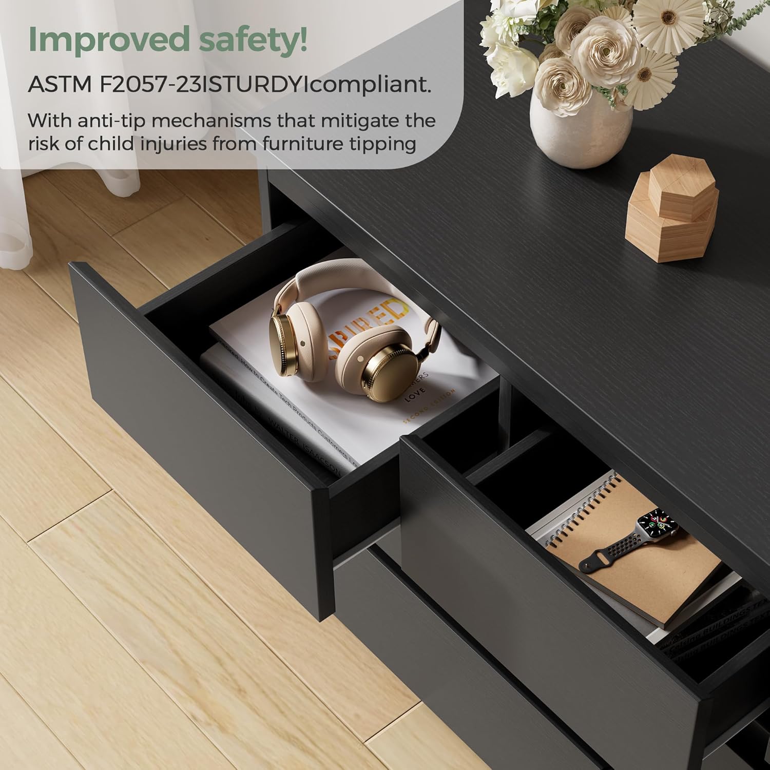 Black 7 Drawer Dresser for Bedroom,Modern Wood Chest of Drawers,Closet Clothes Storage Organizer with Deep Drawers for Living Room Hallway Entryway,Nursery (15.3" D x 47.2" W x 32.3" H)