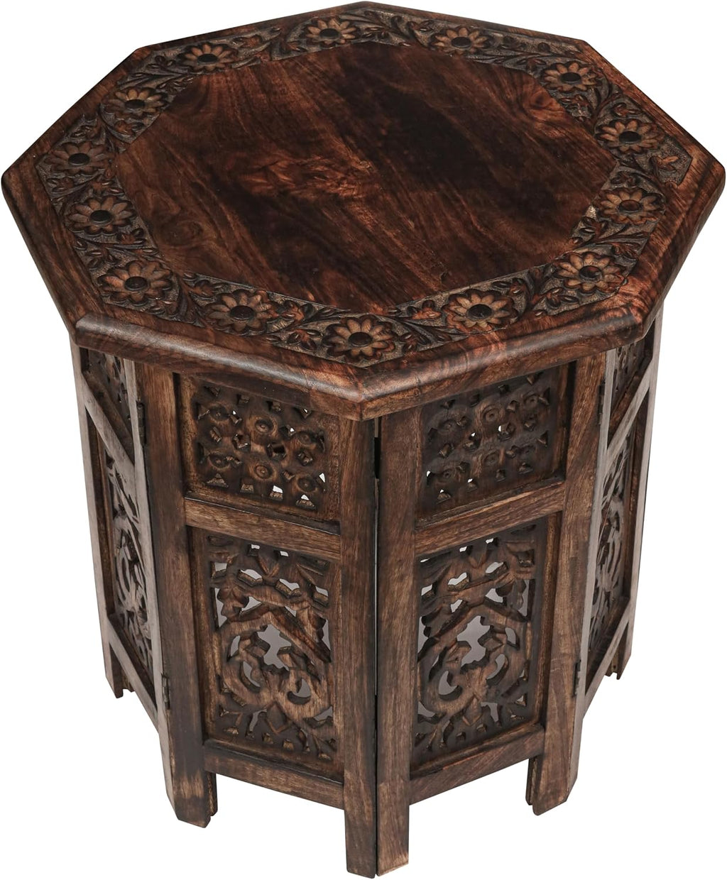 End Tables for Living Room– Hand Carved Vintage Boho Folding Side Tables for Small Spaces, Entryway, Living Room, Bedroom – No Tools Assembly, 18"x18" Octagon, Scorch Burnt Finish