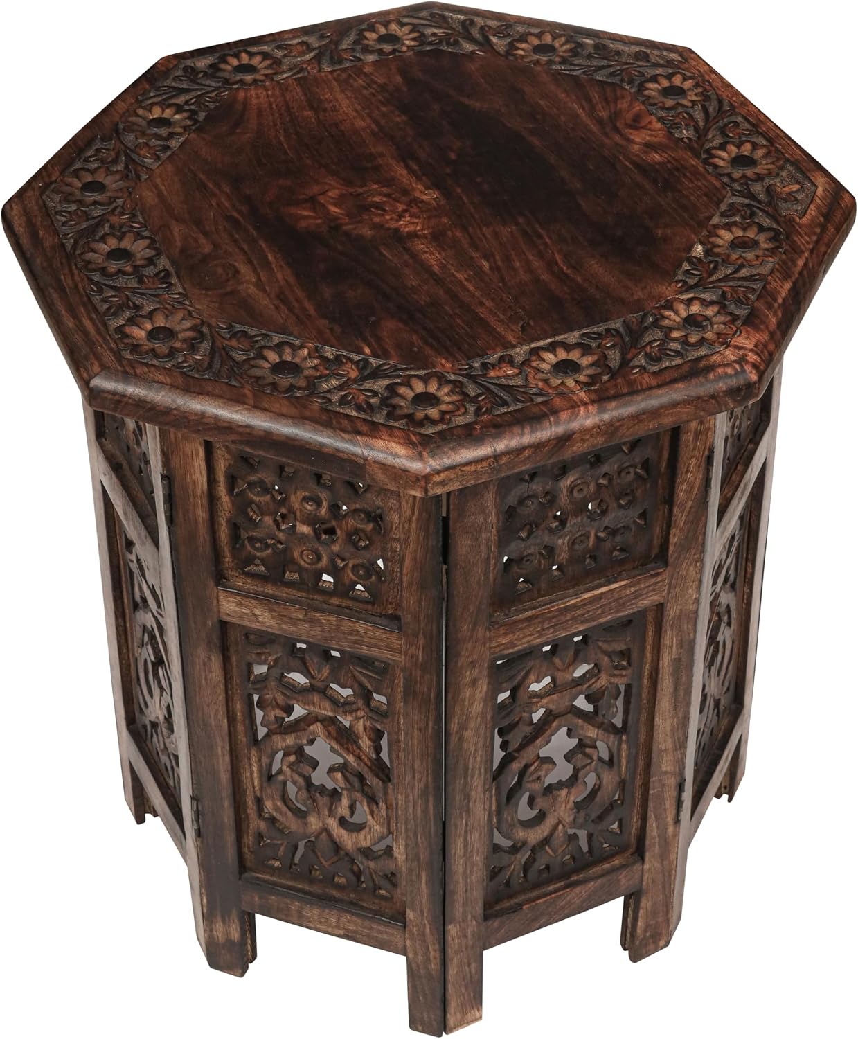 End Tables for Living Room– Hand Carved Vintage Boho Folding Side Tables for Small Spaces, Entryway, Living Room, Bedroom – No Tools Assembly, 18"x18" Octagon, Scorch Burnt Finish
