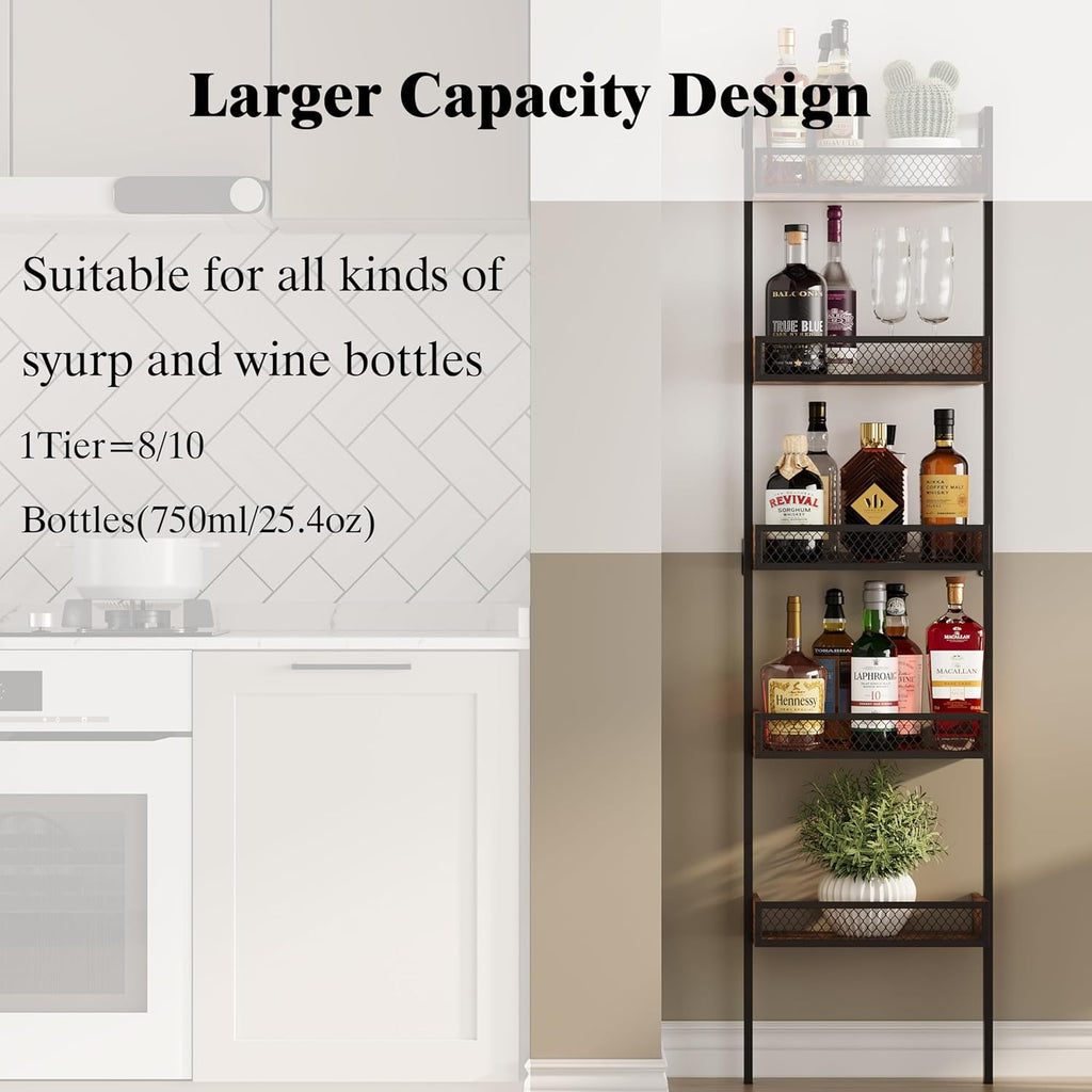 Unionly 5-Tier Liquor Stand for Home Bar，Freestanding Wine Racks for Wall,Wines Bottle Holder Display Shelf with Fences,Liquor Storage for Kitchen, Dining Room, Bar (Rustic Brown)