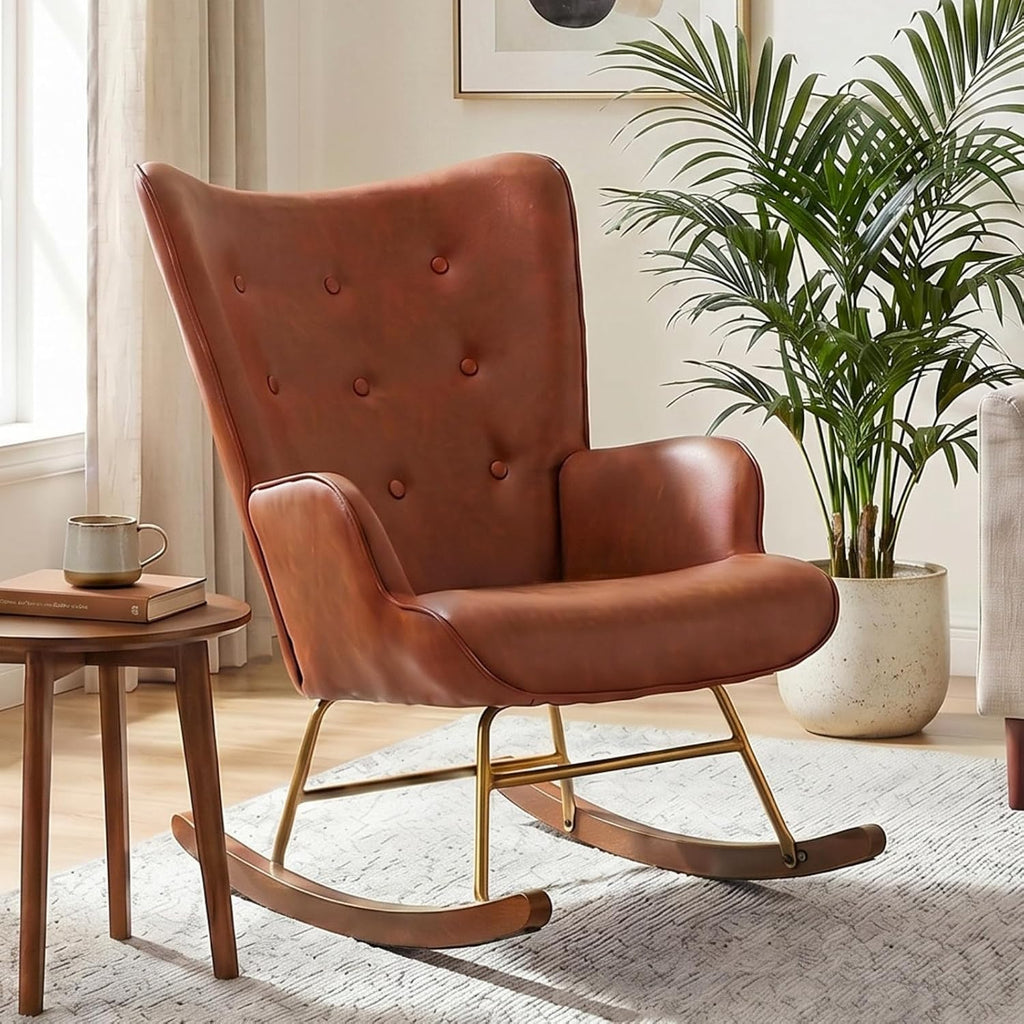 CIMOTA Nursery Rocking Chair, Faux Leather Upholstered Glider Chair with High Wingback, Nursery Rocker with Solid Wood & Metal Frame, Comfy Lounge Accent Chair for Living Room/Bedroom/Nursery, Brown