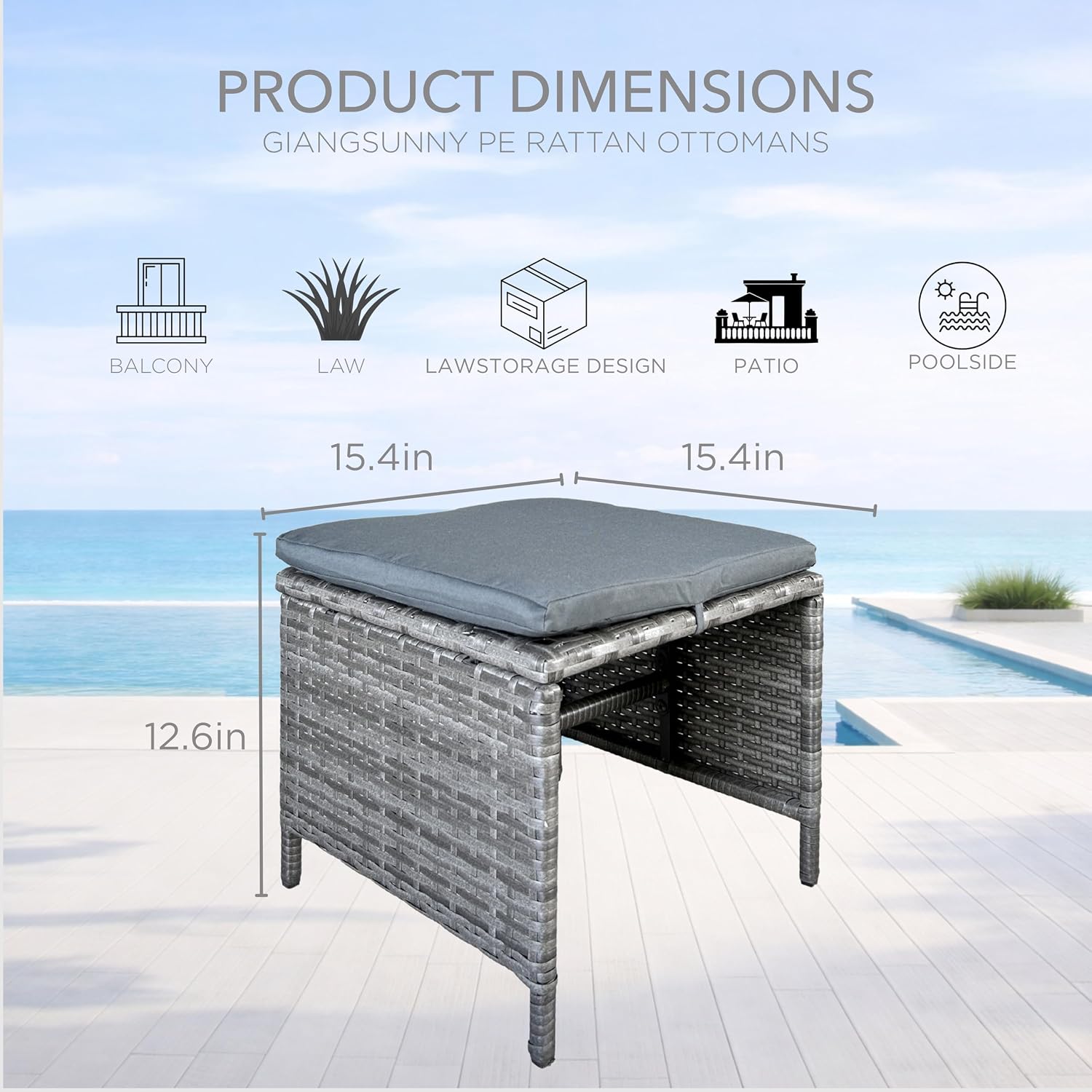 GIANGSUNNY Set of 2 Outdoor Wicker Ottomans, Patio Footstools with Cushions, Multipurpose Rattan Ottomans for Seating or Footrest, Balcony & Deck (Grey)