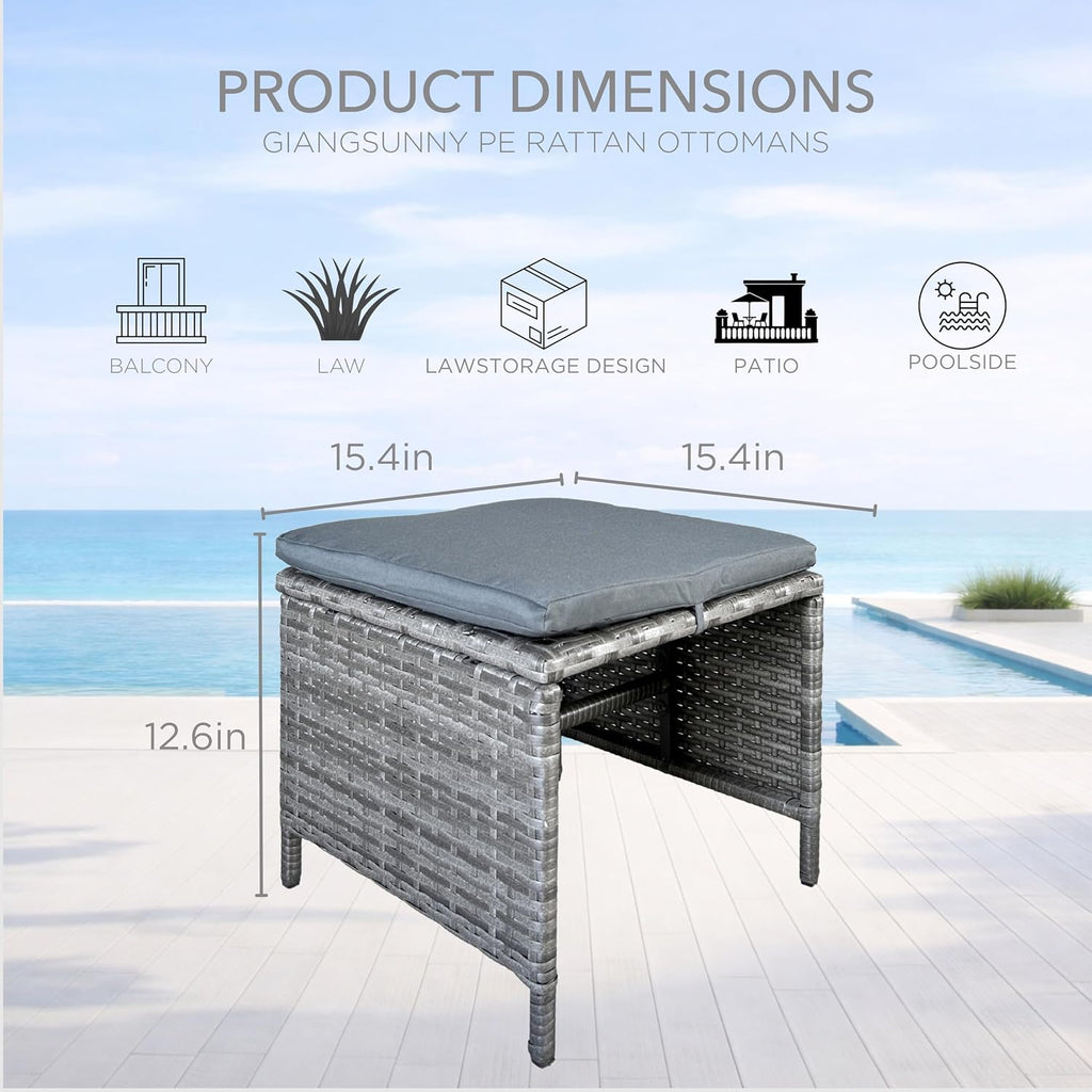 GIANGSUNNY Set of 2 Outdoor Wicker Ottomans, Patio Footstools with Cushions, Multipurpose Rattan Ottomans for Seating or Footrest, Balcony & Deck (Grey)