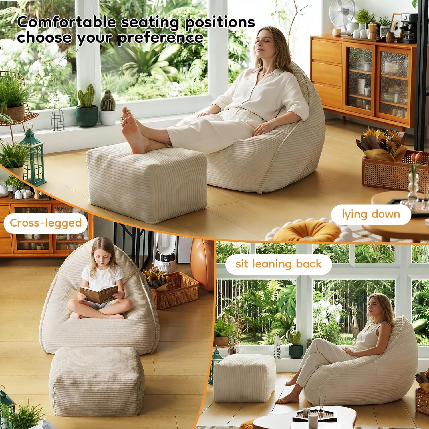 Cloud Large Bean Bag Chair with Ottoman, Corduroy Fabric+35D Memory Foam Big Beanbag Chair for Adults,Lounger Chairs Sofa Boneless Puff Chair for Living Room (Beige) (Beige, Clouds)