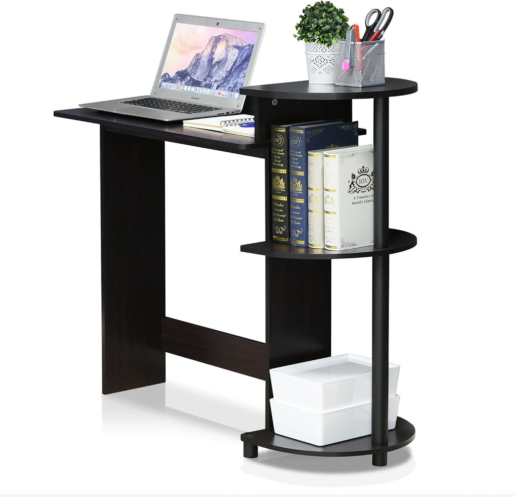 Furinno Compact 29-Inch Brown Computer Desk, Office Desk with 3 Side Shelves, Rectangular Home Office Desk, Gaming Desk for Home Office, Bedroom, Study Room, Dark Mocha