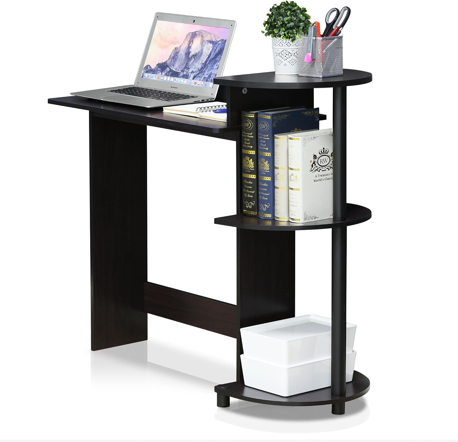 Furinno Compact 29-Inch Brown Computer Desk, Office Desk with 3 Side Shelves, Rectangular Home Office Desk, Gaming Desk for Home Office, Bedroom, Study Room, Dark Mocha