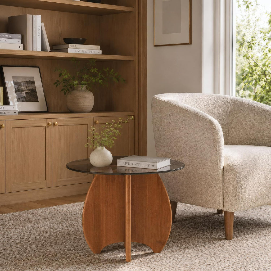 Modern Round Side Table for Living Room, 19.7" Glass Top End Table | Coffee Table with Walnut Rubber Wood Sculptural Petal Base for Living Room Sofa Corner Bedroom