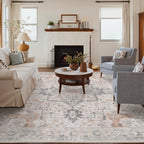 GENIMO 5X7 Area Rugs for Living Room, Machine Washable Non Slip Vintage Area Rugs, Low Pile Lightweight Print Rug for Bedroom, Dining Room, Home Office, Light Taupe Brown
