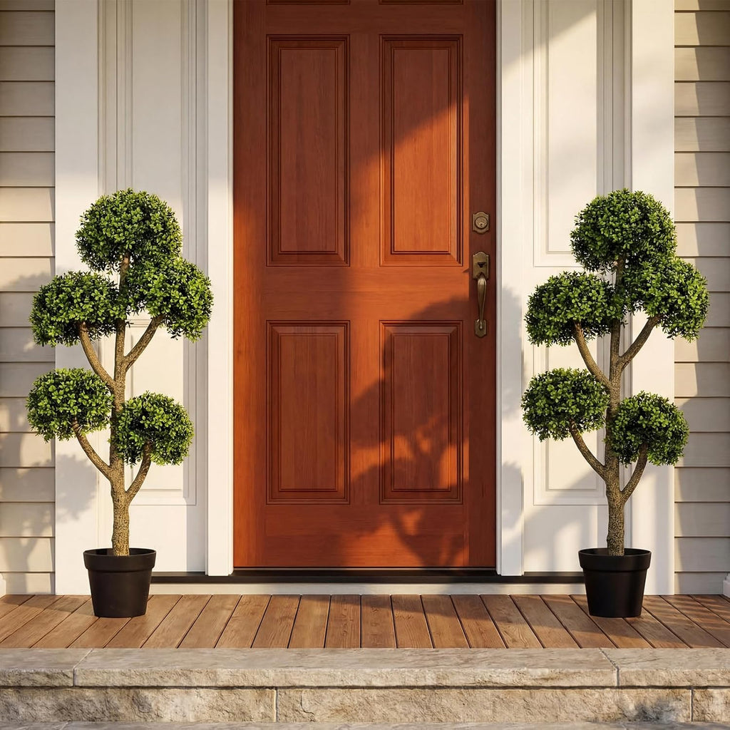 Goplus 46" Artificial Boxwood Topiary Tree, Fake Potted Boxwood Tree with 5 Ball-Shaped Topiaries, Realistic Decorative Faux Outdoor Plant for Indoor, Front Porch, Patio, Home, Office (1)